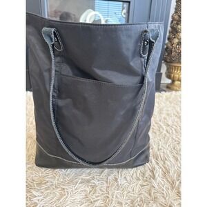 Wilsons Leather Black Nylon Tote Bag With Leather Trim And Pink Interior